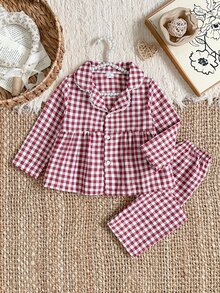 SHEIN 女童優雅紅色格紋長袖上衣+長褲休閒兩件套居家服，翻領鈕扣設計，柔軟舒適，秋冬款 - 紅色 - 查看 1