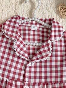 SHEIN 女童優雅紅色格紋長袖上衣+長褲休閒兩件套居家服，翻領鈕扣設計，柔軟舒適，秋冬款 - 紅色 - 查看 3