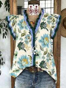 SHEIN Women's V-Neck Ruffle Trim Floral Print Flutter Sleeve Blouse, Holiday Wear, Ladies' Vacation Top, Festival Vacation Beige Summer Boho - Blue - View 8