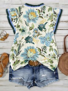 SHEIN Women's V-Neck Ruffle Trim Floral Print Flutter Sleeve Blouse, Holiday Wear, Ladies' Vacation Top, Festival Vacation Beige Summer Boho - Blue - View 9