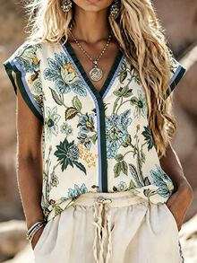 SHEIN Women's V-Neck Ruffle Trim Floral Print Flutter Sleeve Blouse, Holiday Wear, Ladies' Vacation Top, Festival Vacation Beige Summer Boho - Blue - View 3