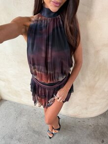 Aloruh 女款復古印花鄉村短洋裝，收腰綁帶後背設計，露背款，休閒通勤優雅性感風格，Y2K - 彩色 - 查看 4