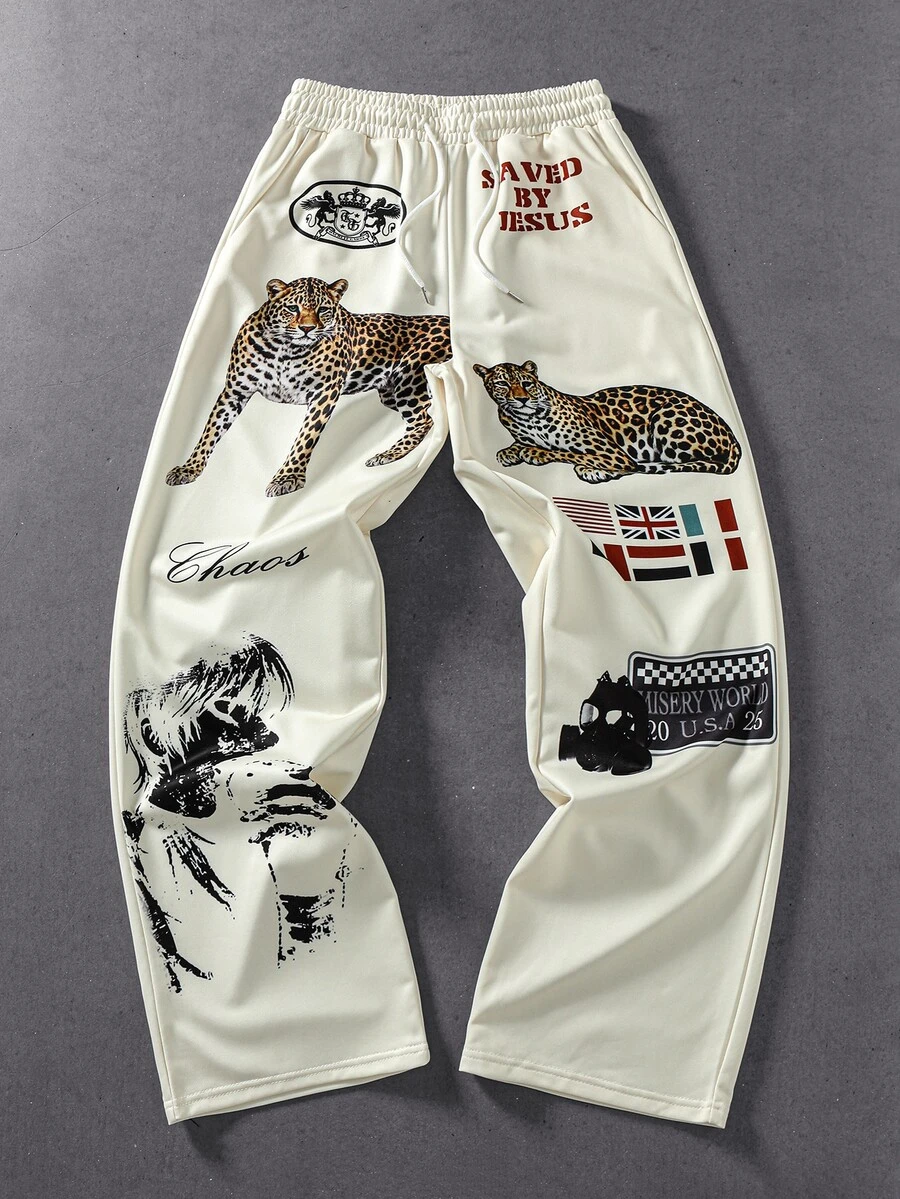 ROMWE MEN Men's Drawstring Waist Animal Print Casual Sweatpants For Daily Wear - Apricot - View 1