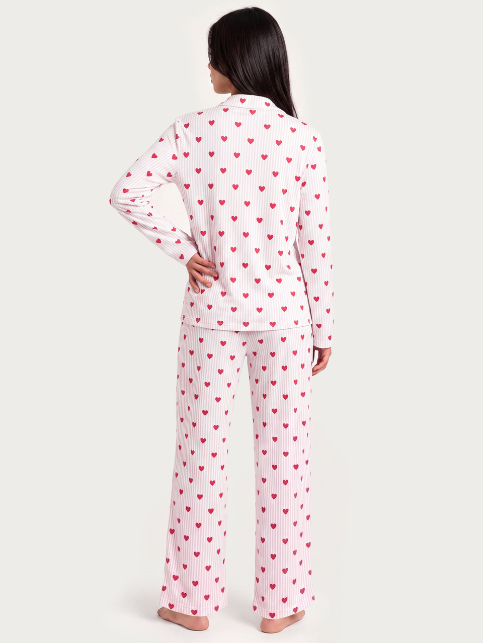 MISSGUIDED TEEN Heart Print Striped Notch Collar Long Sleeve Button-Up Pajama Co-Ord Set With Wide Leg Pants Valentine Gift