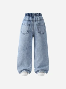 SHEIN 女童休閒牛仔女牛仔西式牛仔褲，嬰兒藍開學季輕量丹寧長褲，彈性腰頭附蝴蝶結刺繡，直筒修身版型，夏季 - 淺色水洗藍 - 查看 3