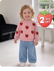 SHEIN Pakaian Kasual Sehari-hari untuk Bayi Perempuan: Sweater Lengan Panjang Berkerah Bulat Motif Stroberi dan Celana Panjang Musim Gugur/Musim Dingin - Berwarna merah muda - View 6