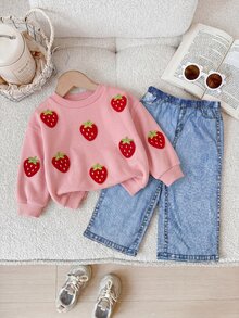 SHEIN Pakaian Kasual Sehari-hari untuk Bayi Perempuan: Sweater Lengan Panjang Berkerah Bulat Motif Stroberi dan Celana Panjang Musim Gugur/Musim Dingin - Berwarna merah muda - View 1