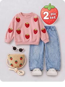 SHEIN Pakaian Kasual Sehari-hari untuk Bayi Perempuan: Sweater Lengan Panjang Berkerah Bulat Motif Stroberi dan Celana Panjang Musim Gugur/Musim Dingin - Berwarna merah muda - View 5