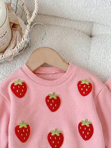 SHEIN Pakaian Kasual Sehari-hari untuk Bayi Perempuan: Sweater Lengan Panjang Berkerah Bulat Motif Stroberi dan Celana Panjang Musim Gugur/Musim Dingin - Berwarna merah muda - View 3