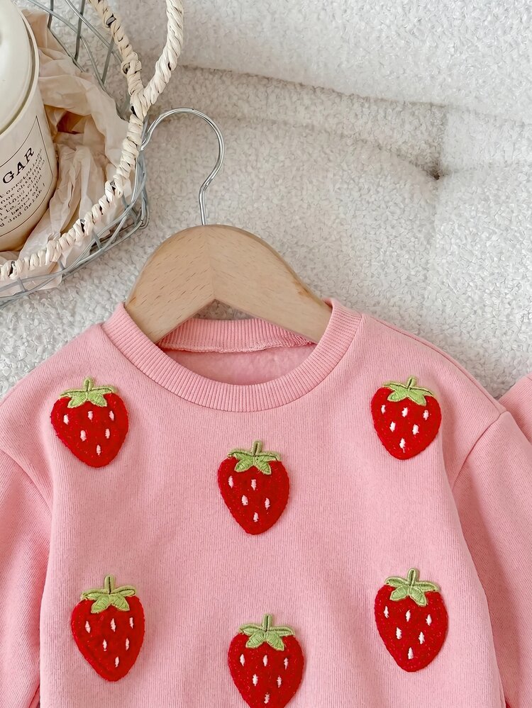 SHEIN Baby Girl Round Neck Strawberry Pattern Long Sleeve Sweatshirt And Autumn Winter Pants Casual Daily Outfit - Pink - View 3