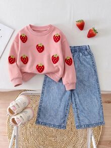 SHEIN Pakaian Kasual Sehari-hari untuk Bayi Perempuan: Sweater Lengan Panjang Berkerah Bulat Motif Stroberi dan Celana Panjang Musim Gugur/Musim Dingin - Berwarna merah muda - View 4