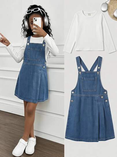 SHEIN Girls' Denim Dress, Summer New Style, Fashion Casual, Vintage Medium Blue Denim Color, Front Pocket Design, Single Side Pleated Design On Skirt, Loose Fit, Comfortable Cotton Denim Fabric, Daily Fashion Versatile Style, Suitable For Vacation, Party And Multiple Occasions, Summer New Girls' Denim Dress