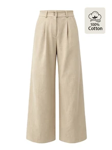 EMERY ROSE Women's Elegant High Waist Wide Leg Cotton Trousers,Minimalist Khaki Pants With Pocket Design For Summer,Casual Office Wear And Daily Commuting - Khaki - View 9