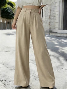EMERY ROSE Women's Elegant High Waist Wide Leg Cotton Trousers,Minimalist Khaki Pants With Pocket Design For Summer,Casual Office Wear And Daily Commuting - Khaki - View 4