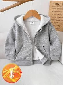 SHEIN Baby Girl Baby Boy Hooded Zip-Up Thick Composite Fleece Lined Cardigan Autumn Jacket Suitable For Winter - Grey - View 1