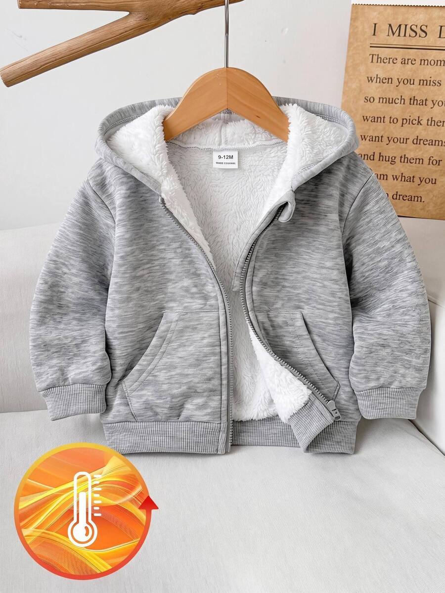 SHEIN Baby Girl Baby Boy Hooded Zip-Up Thick Composite Fleece Lined Cardigan Autumn Jacket Suitable For Winter - Grey - View 1