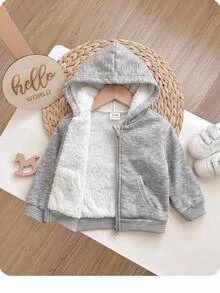 SHEIN Baby Girl Baby Boy Hooded Zip-Up Thick Composite Fleece Lined Cardigan Autumn Jacket Suitable For Winter - Grey - View 3
