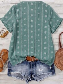 EMERY ROSE Women's Woven Floral New Style Fashionable Short-Sleeved Casual Boho Shirt Vacation Sage Green Summer - Green - View 2