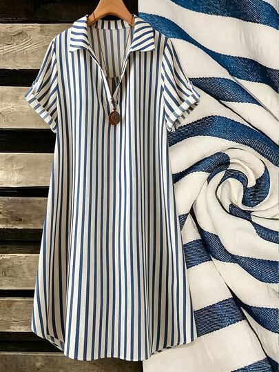 EMERY ROSE Nuevo vestido casual largo con botones, cuello en V y rayas, holgado para mujeres