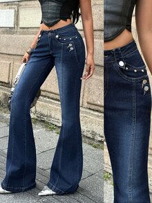 Jeanoix Y2K Women's Outdoor All-Season Low Waist Button-Front Blue Denim Jeans - Dark Wash - View 7