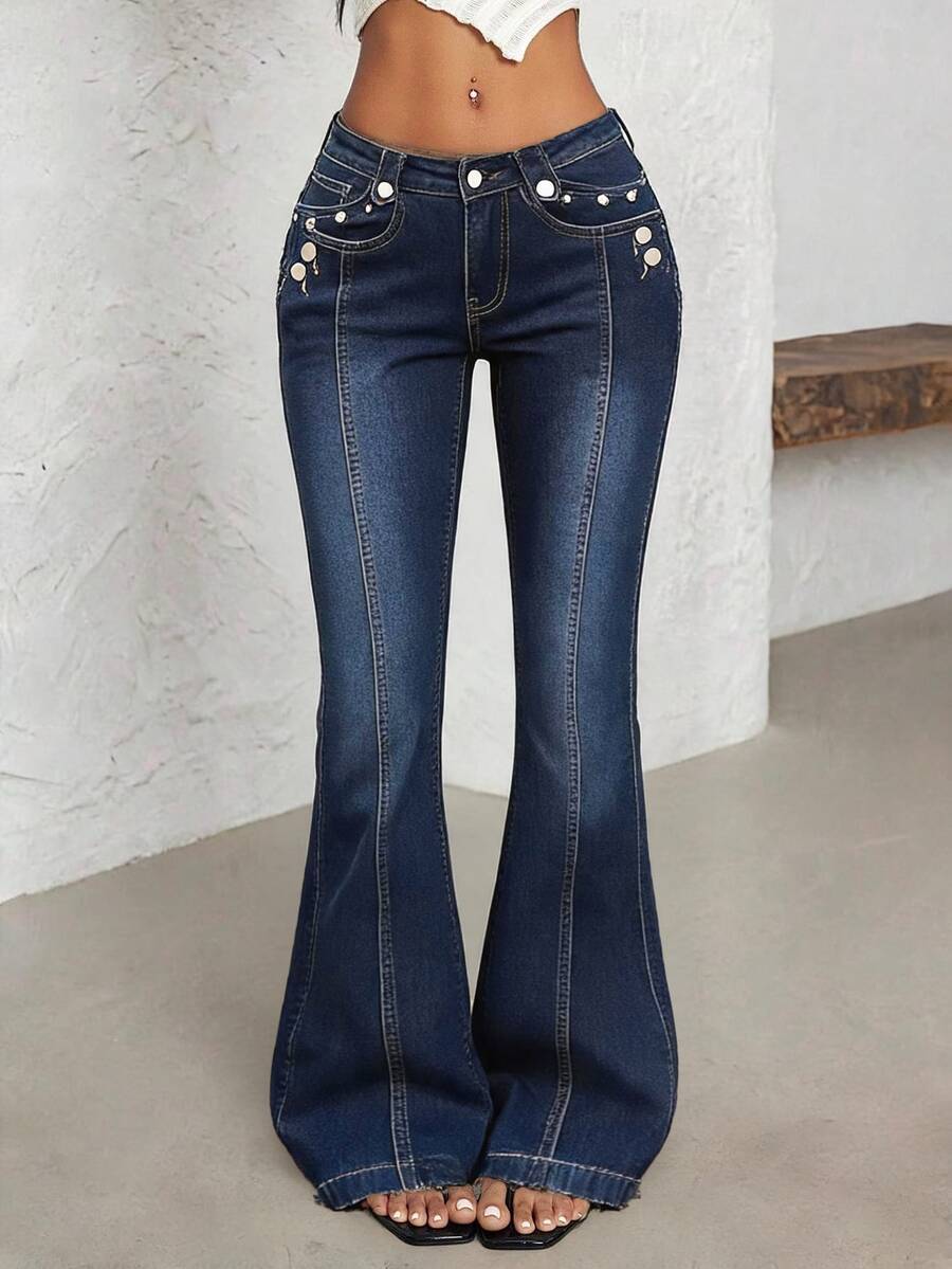 Jeanoix Y2K Women's Outdoor All-Season Low Waist Button-Front Blue Denim Jeans - Dark Wash - View 1