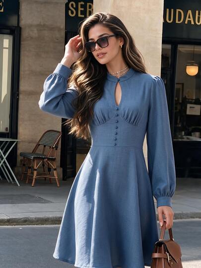 Yunfilé Women's Elegant French Waist-Cinching Dusty Blue With Polka Dot Short Dress, Small Stand Collar, Long Sleeve, For Commute Everyday And Date Fall