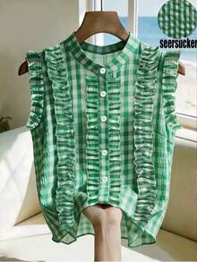 SHEIN Women's Plaid Sleeveless Casual Shirt - Green - View 4