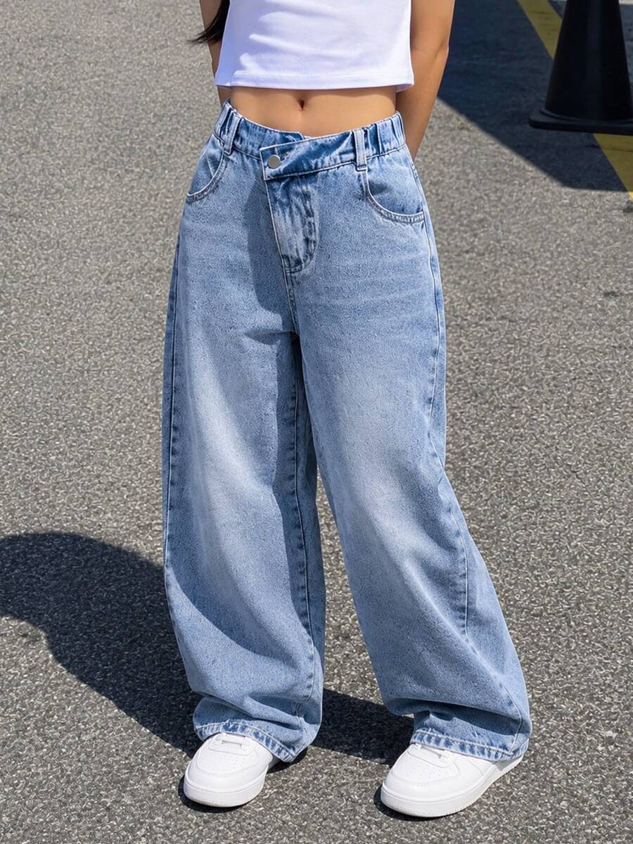 Tween Girl Y2K Style Vintage Washed Blue Asymmetric Waist Loose Wide Leg Jeans, Suitable For Everyday Wear Summer Autumn Fall