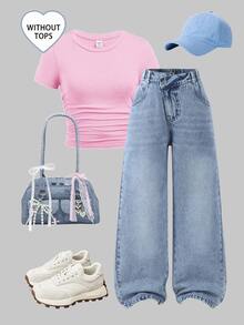 Tween Girl Y2K Style Vintage Washed Blue Asymmetric Waist Loose Wide Leg Jeans, Suitable For Everyday Wear Summer Autumn Fall - Light Wash - View 4