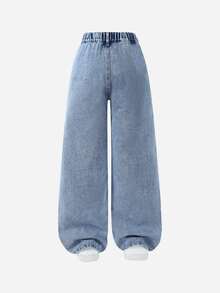 Tween Girl Y2K Style Vintage Washed Blue Asymmetric Waist Loose Wide Leg Jeans, Suitable For Everyday Wear Summer Autumn Fall - Light Wash - View 3