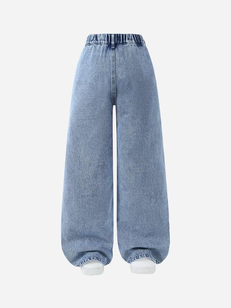 Tween Girl Y2K Style Vintage Washed Blue Asymmetric Waist Loose Wide Leg Jeans, Suitable For Everyday Wear Summer Autumn Fall - Light Wash - View 2