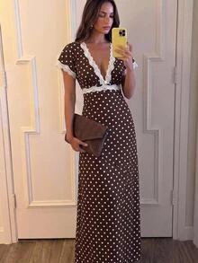 Aloruh Women's Autumn/Winter Polka Dot Print Lace Patchwork Extra Long A-Line Dress - Brown - View 3