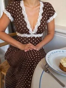 Aloruh Women's Autumn/Winter Polka Dot Print Lace Patchwork Extra Long A-Line Dress - Brown - View 2