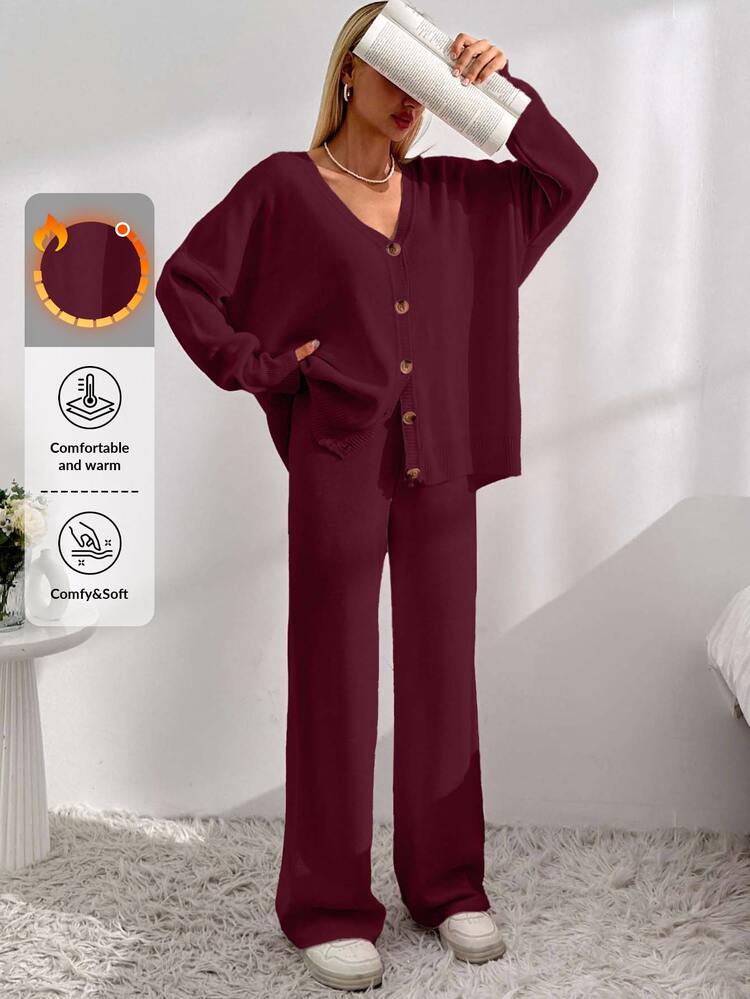 SHEIN Petite Size Women Burgundy Solid Color Casual Drop Shoulder V Neck Long Sleeve Cardigan & Tie Front Long Length Knit Pants - Burgundy - View 1