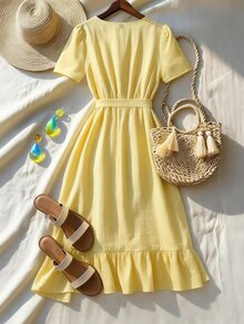 EMERY ROSE Standard Size Women's Ruffle V-Neck Fitted Vacation Elegant Mid-Length Dress - Yellow - View 2