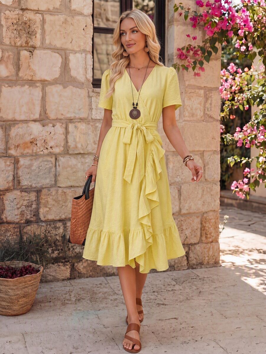 EMERY ROSE Standard Size Women's Ruffle V-Neck Fitted Vacation Elegant Mid-Length Dress - Yellow - View 1
