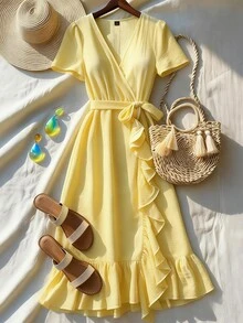 EMERY ROSE Standard Size Women's Ruffle V-Neck Fitted Vacation Elegant Mid-Length Dress - Yellow - View 7