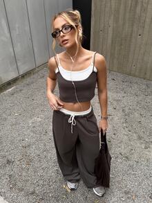 BiaLiraa Women's Fashion 2 Pieces Set, Contrasting Color Splice 2 In 1 Cami Top & Pants, Suitable For Spring & Summer Casual Wear,Summer Sets - Dark Grey - View 6
