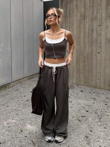 BiaLiraa Women's Fashion 2 Pieces Set, Contrasting Color Splice 2 In 1 Cami Top & Pants, Suitable For Spring & Summer Casual Wear,Summer Sets - Dark Grey - View 3