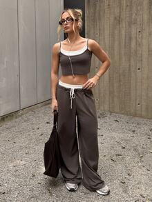 BiaLiraa Women's Fashion 2 Pieces Set, Contrasting Color Splice 2 In 1 Cami Top & Pants, Suitable For Spring & Summer Casual Wear,Summer Sets - Dark Grey - View 1