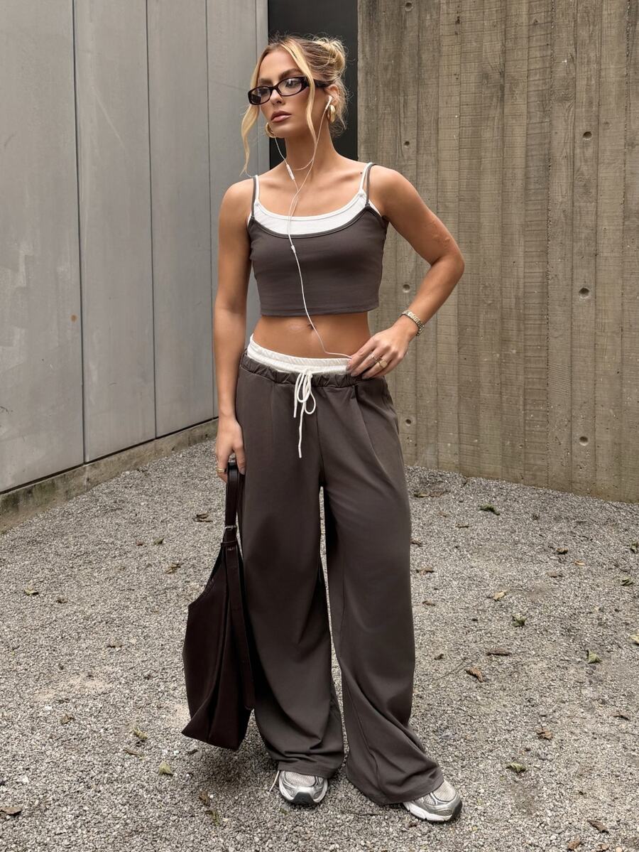 BiaLiraa Women's Fashion 2 Pieces Set, Contrasting Color Splice 2 In 1 Cami Top & Pants, Suitable For Spring & Summer Casual Wear,Summer Sets - Dark Grey - View 1