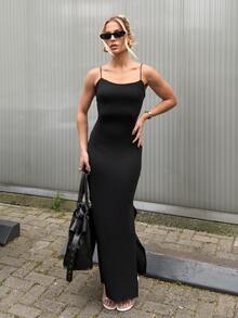 BiaLiraa 女士夏季街头服饰演唱会约会夜度假装 Y2K 编织带开衩长裙 - 黑色 - 查看 4