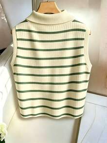 EMERY ROSE Women's Casual Elegant Knitted Collared Striped Vest - Multicolor - View 2