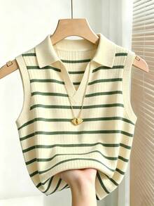 EMERY ROSE Women's Casual Elegant Knitted Collared Striped Vest - Multicolor - View 1