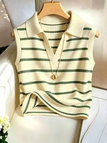 EMERY ROSE Women's Casual Elegant Knitted Collared Striped Vest - Multicolor - View 4