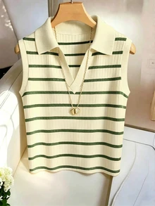 EMERY ROSE Women's Casual Elegant Knitted Collared Striped Vest - Multicolor - View 5