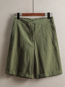 EMERY ROSE Pantalones cortos de lino lisos de unicolor para vacaciones de mujer - Verde militar - Ver 4