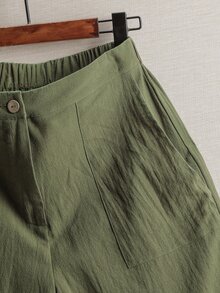 EMERY ROSE Pantalones cortos de lino lisos de unicolor para vacaciones de mujer - Verde militar - Ver 7