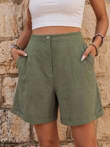 EMERY ROSE Pantalones cortos de lino lisos de unicolor para vacaciones de mujer - Verde militar - Ver 3