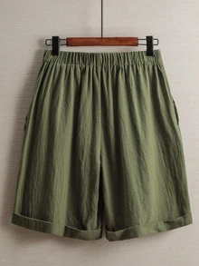 EMERY ROSE Pantalones cortos de lino lisos de unicolor para vacaciones de mujer - Verde militar - Ver 2